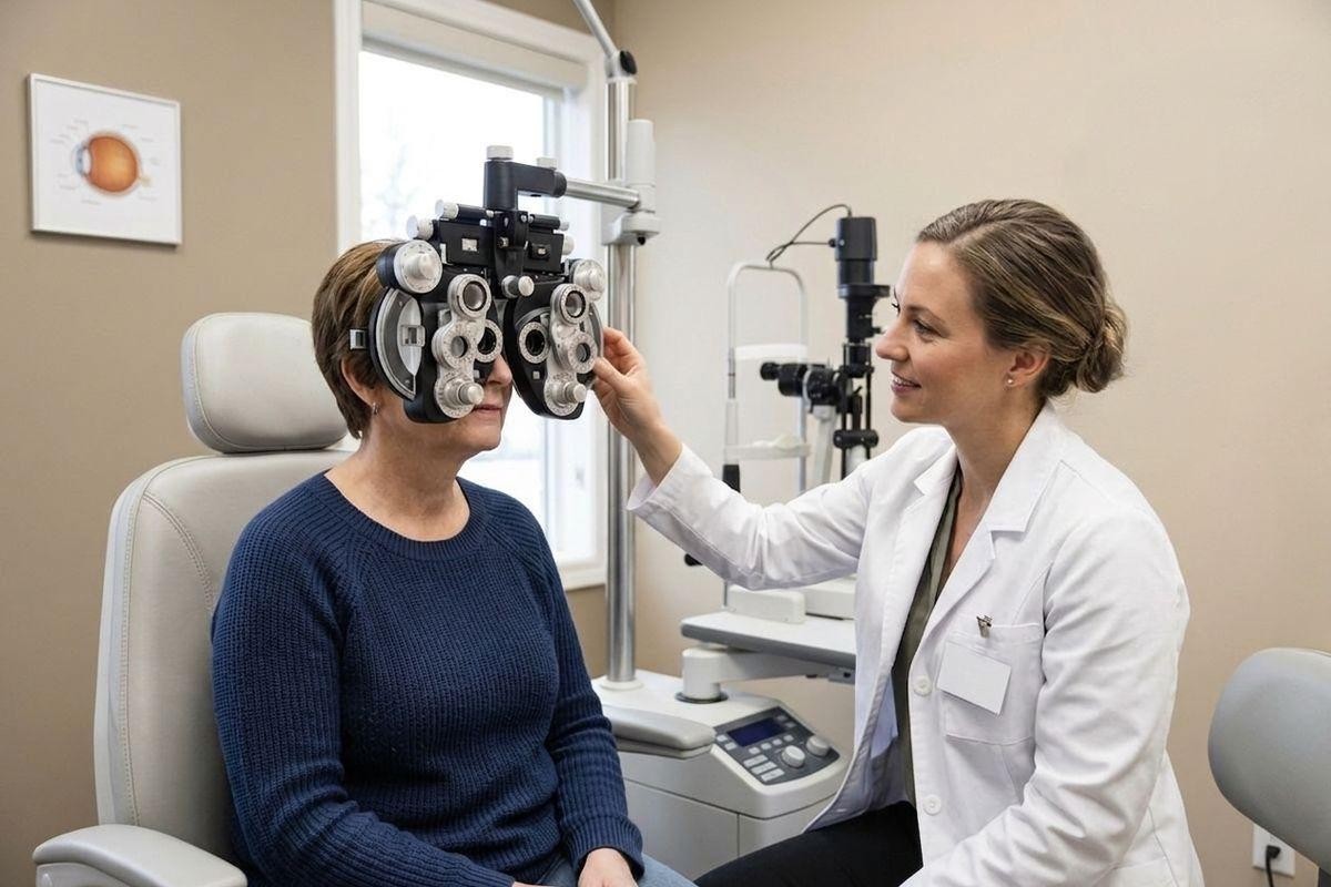 Optometrist smiling, holding a phoropter in front of a seated adult patient during an eye exam in a clinic.