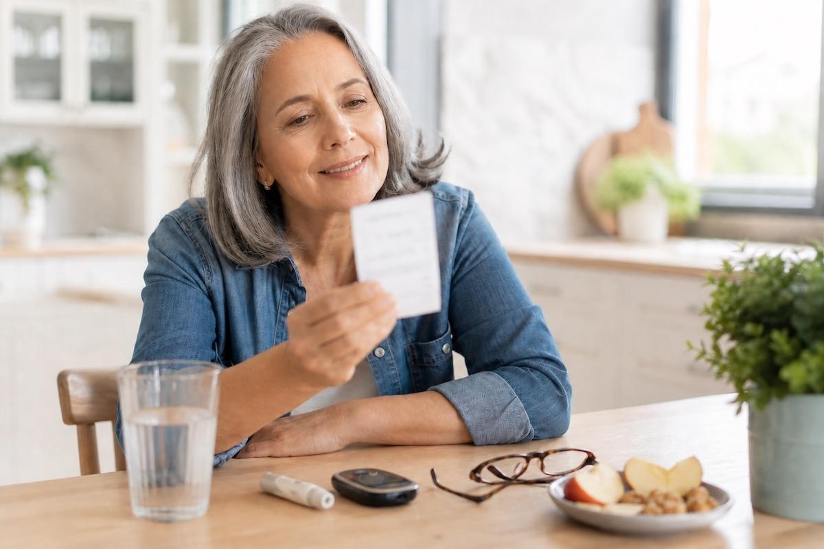 A senior woman with gray hair smiles while holding a small printed card to read, with her eyeglasses sitting folded on the table in front of her. Beside them are a glass of water, a blood glucose meter, and a healthy snack, highlighting the connection between diabetes management, aging, and the importance of regular eye exams.