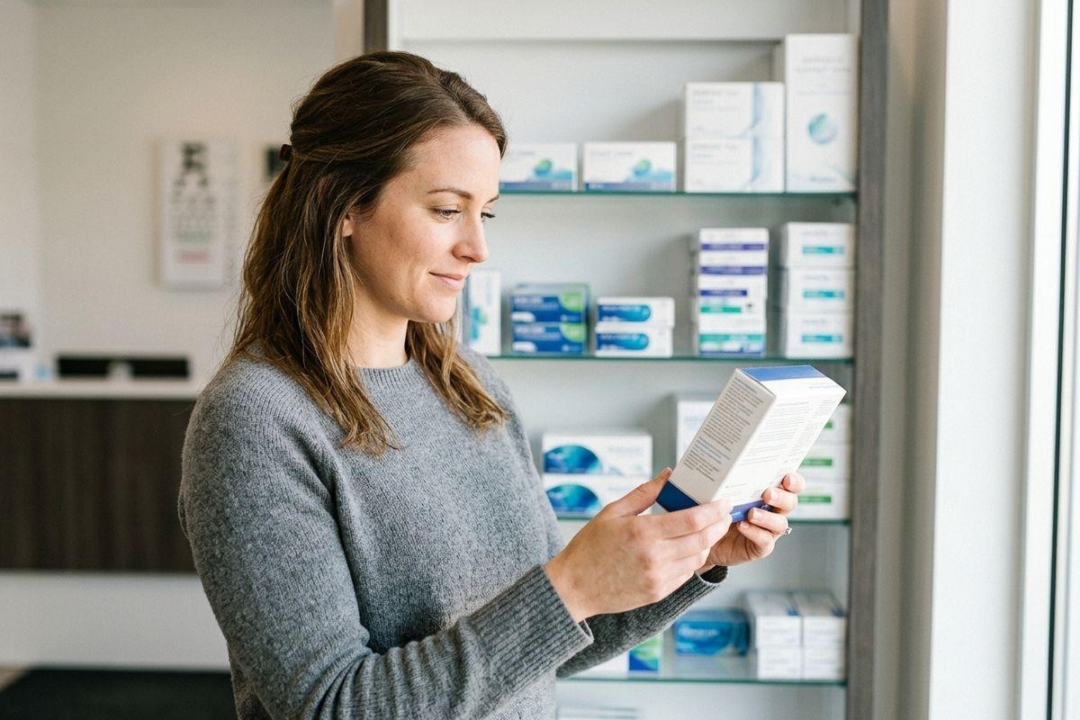 Adult reading the label on a product box in an optometrist's office, shelves of packaged eye care products visible behind them.